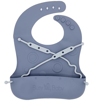 BUSY BABY Bungee Bib Adjustable Silicone Bib with Pocket Tether System for MessFree Meals with Babies Toddlers