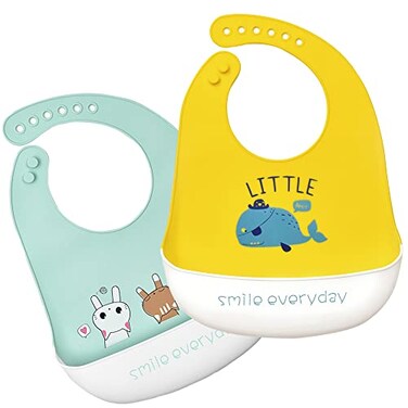 Eimmabey Silicone Bibs for Babies and Toddlers 2 Sets Adjustable Waterproof Soft with 3D Food Catcher Whale Cats Pattern for Girls
