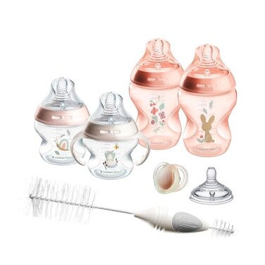 Tommee Tippee Natural Start 8 Piece BPA Free Bottle Set Includes 2 x 5 oz 2 x 9 oz Bottles 1 x Medium Flow Nipple 1 x 06m Pacifier 1 x Removable Bottle Handle 1 x Cleaning Brush Pink