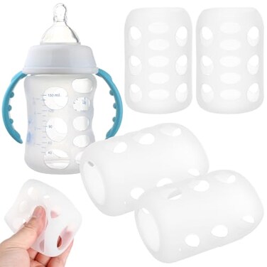 Abaodam 4Pcs Silicone Baby Bottle Sleeves Protection Cap Milk AntiSlip Glass Feeding Bottle Protector Covers with Scale Visibility Shockproof Nursery Cup Sleeve for Infants 335X224 inch