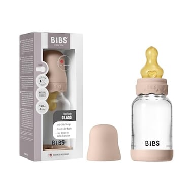 Bibs BIBS Boheme Baby Glass Bottle 4 oz 120 ml AntiColic Round Natural Rubber Latex Nipple Supports Natural Breastfeeding Blush
