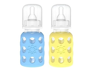 Lifefactory Glass Baby Bottle BPA Free Protective Silicone Sleeve 4 oz Pack of 2 Sky Blue Banana