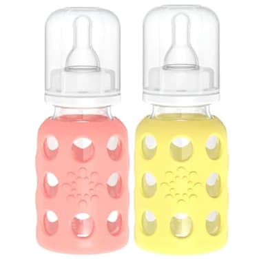 Lifefactory Glass Baby Bottle BPA Free Protective Silicone Sleeve 4 oz Pack of 2 Cantaloupe Banana