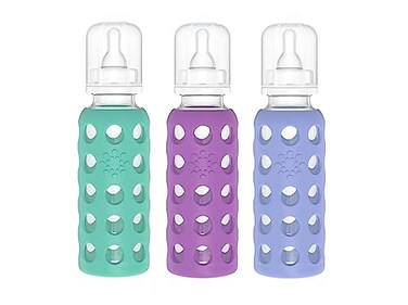 Lifefactory Glass Baby Bottles with Silicone Protection 3PACK 9 Ounce Bottles 1 Kale 1 Grape 1 Blueberry
