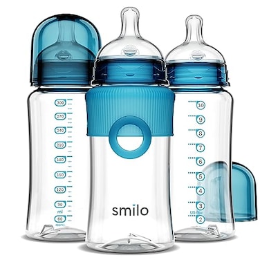 Smilo Baby Bottle Set with Stage 0 Slow Flow Anti Colic Nipple 10 Oz 300 ml Capacity 3X Pack of Anti Colic Baby Bottles 03 Months Aqua Blue