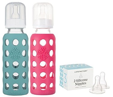 Lifefactory 9oz Glass Baby Bottle 2pk Bundle with 2 Stage 3 Nipples KaleRaspberry