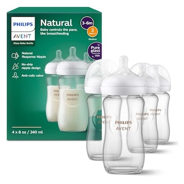 Philips Avent Natural Glass Baby Bottles with Natural Response Nipples Medium Flow Flow 3 8oz 4Pack SCY91304