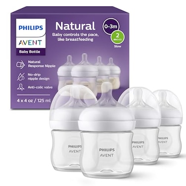 Philips Avent Natural Baby Bottles with Natural Response Nipples Slow Flow Flow 2 4oz 4Pack SCY90004