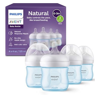 Philips Avent Natural Baby Bottles with Natural Response Nipples Slow Flow Flow 2 4oz Blue 4Pack SCY90024