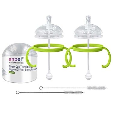 ANPEI Straw Transition Cup Kit for Comotomo Baby Bottles Conversion Kit Fits 5 and 8 Ounce Bottles Soft Silicone Straw Top Bottle Nipple Weighted Straw to Help Baby 2 Pack Green Brushes