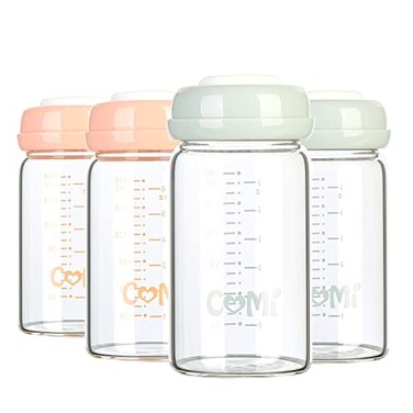 COMI Wide Neck Glass Breastmilk Collection n Storage Bottle 4 Packs 6oz with Screw Ring Sealing Disk Remarkable Sealing Disc BPA Free Fits Breast Pumps Nipples 2 Gray Lids 2 Pink Lids