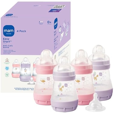 MAM 5oz Easy Start AntiColic Wide Neck Vented Baby Bottle Slow Flow BreastfeedingLike Nipple Reduces Colic Gas Reflux Easy Clean BPA Free 0 Months Bonus Medium Flow Nipple Pink