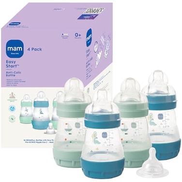 MAM 5oz Easy Start AntiColic Wide Neck Vented Baby Bottle Slow Flow BreastfeedingLike Nipple Reduces Colic Gas Reflux Easy Clean BPA Free 0 Months Bonus Medium Flow Nipple BlueMint