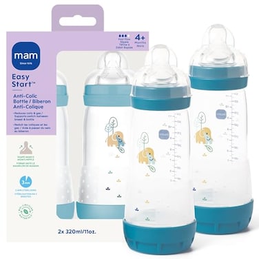 MAM 11oz Easy Start AntiColic Wide Neck Baby Bottle Fast Flow BreastfeedingLike Nipple Reduces Colic Gas Reflux Easy to Clean BPA Free 4 Months Made in Europe 2 Pack Boy