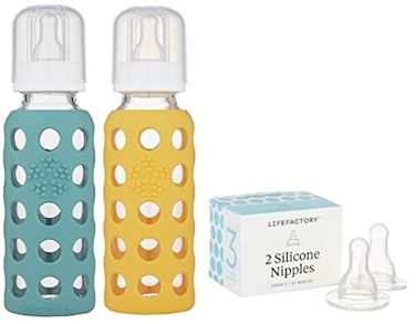 Lifefactory 9oz Glass Baby Bottle 2pk Bundle with 2 Stage 3 Nipples KaleMango