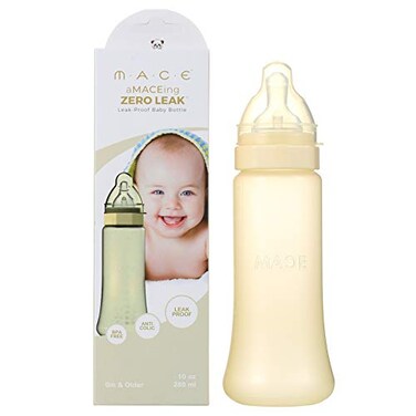 MACE CORPORATION Made in USA aMACEing Zero Leak Leak Resistant Baby Bottle with AntiColic Vent and Variable Flow 10oz Yellow