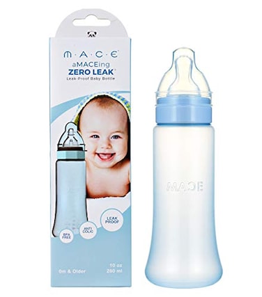 MACE CORPORATION Made in USA aMACEing Zero Leak Baby Bottle with AntiColic Vent and Variable Flow Leak Resistant 10oz Blue