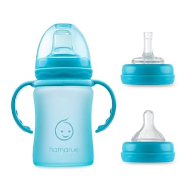 Hamarue 3in1 Glass Sippy Cups for Toddlers 13 Silicone Coated Baby Sippy Cup NonToxic Transition Sippy Cup with Removeable Handles Baby Straw Cup Teal 5 oz