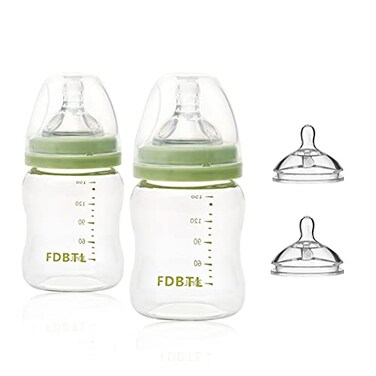 FDBTL Baby Bottle Glass Wide Neck Closer to Breastfeeding Slow Flow Nipple AntiColic 4 Ounce 2 Count
