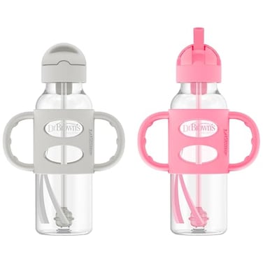 Dr. Brown's Dr Browns Milestones Narrow Sippy Straw Bottle SpillProof with 100 Silicone Handles and Weighted Straw 8 oz250 mL GrayPink 6m