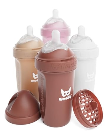 Herobility AntiColic Baby Bottles 85 fl oz240ml Pack of 4 Plastic Baby Bottles Medium Flow Plastic Bottles BreastShaped Teat for Breastfed Babies Multicolor Sand Woodchuck Pink White