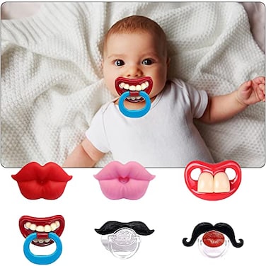 AUSTUFF 6PCs Funny Pacifier Infant Cute Kissable Lips and Gentleman Mustache Soft Silicone Design for Babies and Toddlers Shower Gift UnisexBPA Free