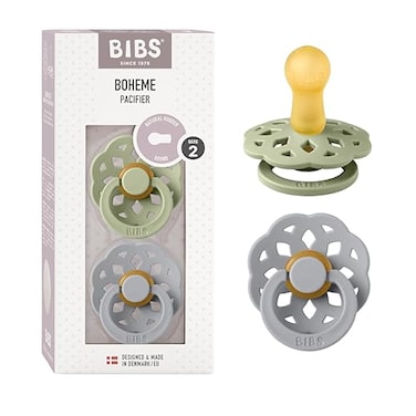 Bibs BIBS Pacifiers Boheme Collection BPAFree Round Nipple Nautral Rubber Latex Made in Denmark Set of 2 SageCloud Color Premium Soothers Size 618 Months