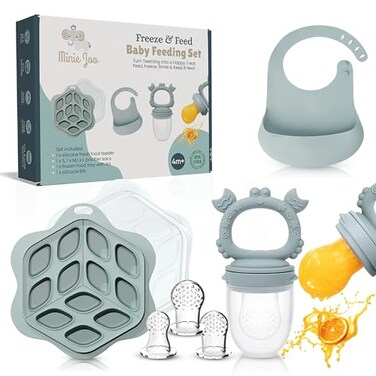 Minie Joo Baby Fruit Feeder Teether Set 3in1 Food Pacifier Breastmilk Popsicle Tray Adjustable Bib 3 Pacifier Sizes BPAFree Premium Quality
