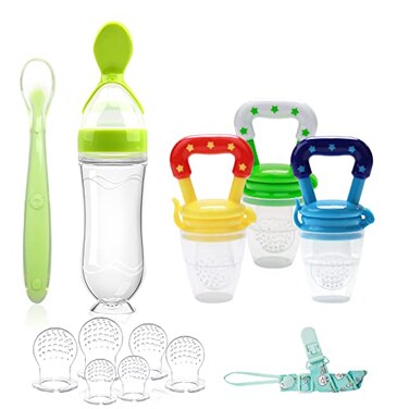 WAJIAYON Food Feeder for Baby Fruit Feeder Pacifier 3 Pcs with 6 Different Sized Silicone PacifiersSilicone Baby Food Dispensing Spoon 90ML with Babies SpoonsPacifier Clip Babies Feeding Set