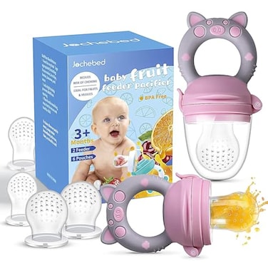 Jochebed Baby Fruit Food Feeder Pacifier Fresh Teething Pacifiers Infant Fruit Teething Teether Toy for 324 Months 6 Pcs Silicone Pouches for Toddlers Kids Babies Piggy Handle 2Pack Pink Gray