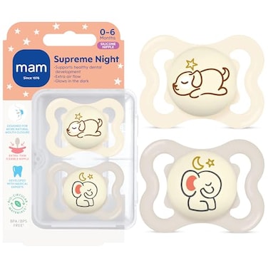 MAM Supreme Baby Premium Pacifier Newborns 06 Months Developed with Orthodontists Extra Air Flow for Sensitive Skin Glows in The Dark BPAFree Silicone Sterilizer Case 2 Pack Made in Europe