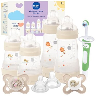 MAM Welcome Home Baby Gift Set Easy Start AntiColic Bottles 2X 5oz 2X 9oz 2 Pacifiers 06 Months Extra Nipples Training Toothbrush SelfSterilizing Complete Baby Feeding Set