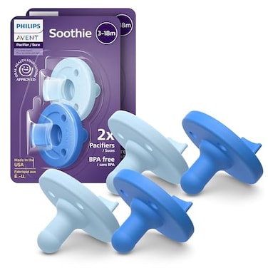 Philips Avent Soothie Baby Pacifiers 100 Silicone Pacifiers for Babies 318 Months Onepiece Design BPAFree Extra Durable Sky Blue and Light Blue 4 Pack Model SCF19271