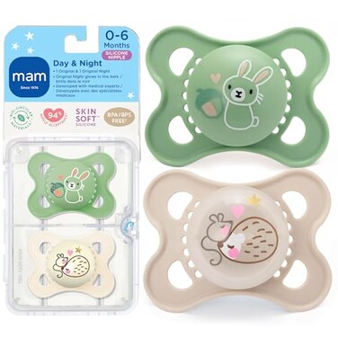 MAM Original Baby Pacifiers 06 Months Binky for Newborn Babies BPAFree Skin Soft Silicone Nipple Glows in The Dark Developed with Medical Experts 2 Pack Sterilizer Case Made in Europe