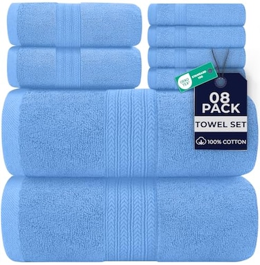 DAN RIVER 8 PC Luxury Bath Towels for Bathroom 2 Bath 2 Hand and 4 Wash Cloths 600 GSM 100 Ring Spun Cotton Towel Set Highly Absorbent Gym Hotel and Spa Medium Blue