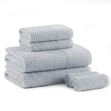 Madison Park Spa Waffle 100 Cotton Luxurious Towel Set Premium Texture Waffle Weave Highly Absorbent Quick Dry Hotel Spa Quality Wash Clothes for Bathroom Assorted Sizes Blue 6 Piece