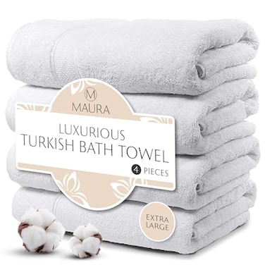 MAURA White Extra Large Turkish Cotton Luxury Bath Towels Set of 4 UltraSoft Thick Plush Towels for Bathroom Pure White