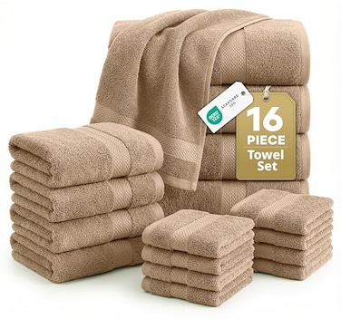 LANE LINEN 100 Cotton Towels Set 16 Piece value pack Soft Absorbent Durable 4 Bath 8 Washcloths 4 Hand Towels for Bathroom Ideal for Home Spa Gym Quality You Can Trust Taupe