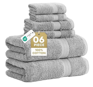 LANE LINEN 100 Cotton Turkish Towel Set for Bathroom 6 Piece Super Soft Quick Dry Highly Absorbent 2 Bath 2 Wash cloths 2 Hand Towels Hotel Quality Durable OEKOTEX Certified Grey