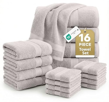 LANE LINEN 100 Ring Spun Cotton Bathroom Towel Set 16 Piece Soft Quick Dry Highly Absorbent 4 Bath 8 Wash Cloths 4 Hand Towels Ideal for Guests Perfect for Bathroom Decor Platinum