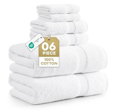 LANE LINEN 100 Cotton Bath Towel Set 6 Pieces Super Soft Highly Absorbent Quick Dry 2 Bath 2 Washcloths 2 Hand Towels for Bathroom Hotel Quality Ideal for Spa Gym Travel White