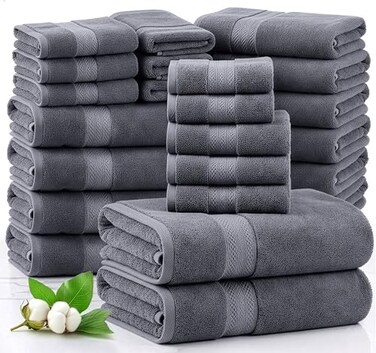LANE LINEN 100 Cotton Bath Towels Set 24 PCs Durable Quick Dry Super Soft Highly Absorbent 4 Bath 4 Fingertip 6 Hand Towels 8 Washcloths 2 Bath Sheets Perfect Family Set Cool Grey