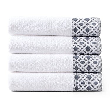 Market & Market Place 100 Cotton Luxury Bath Towel Set Super Soft and Highly Absorbent Textured Decorative Border Includes 4 Bath Towels Nitra Collection WhiteDark Grey