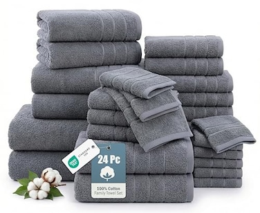 Casa Platino 24Piece Premium Towel Sets for Bathroom 100 Cotton Bath Towels 2 Bath Sheet 2 Gym Towels 2 Bath 4 Fingertip 6 Hand 8 Washcloth Hotel SpaQuality Design Soft Easy to Wash Cool Grey