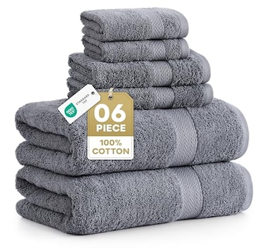LANE LINEN 100 Cotton Towels Set for Bathroom 6 Piece Family Pack Soft Absorbent Quick Dry 2 Bath 2 Washcloths 2 Hand Towels OEKO TEX Certified Machine Washable Durable Cool Grey