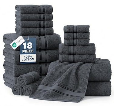 LANE LINEN 100 Mercerized Cotton Bath Towels Set of 18 Zero Twist 6 Bath 6 Hand Towel 6 Washcloths Soft Ideal for Spa Hotel Home Gentle on Body Durable After Multiple Washes Cool Grey