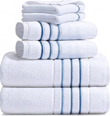 Le fil Bath Towels Set for Bathroom Luxury 6Piece Cotton Towels Soft Absorbent Quick Dry 600 GSM Bath Towels for Bathroom Hotel Spa Quality 2 Bath 2 Hand 2 Washcloths White Blue Azure Stripe