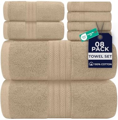 DAN RIVER 8 PC Luxury Bath Towels for Bathroom 2 Bath 2 Hand and 4 Wash Cloths 600 GSM 100 Ring Spun Cotton Towel Set Highly Absorbent Gym Hotel and Spa Tan