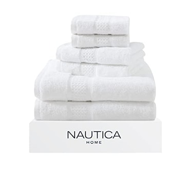 Nautica Bathroom Towels Soft Cotton Washcloth Bath Hand Towel Set Highly Absorbent Quick Dry Zero Twist Set of 6 College Dorm Room Essentials Oceane White