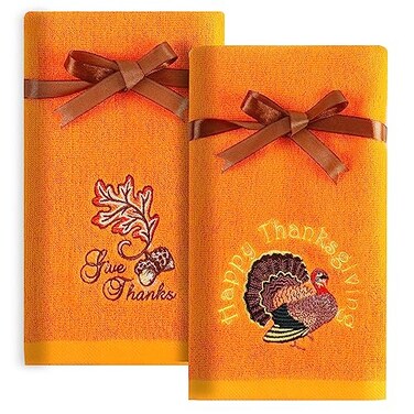 Quera 2 Pack Thanksgiving Fall Hand Towels Autumn Leaves Turkey Embroidered Premium Luxury Decor Fall Bathroom Decorative Dish Set for Drying Cleaning Cooking Give Thanks 137 x 295 Orange